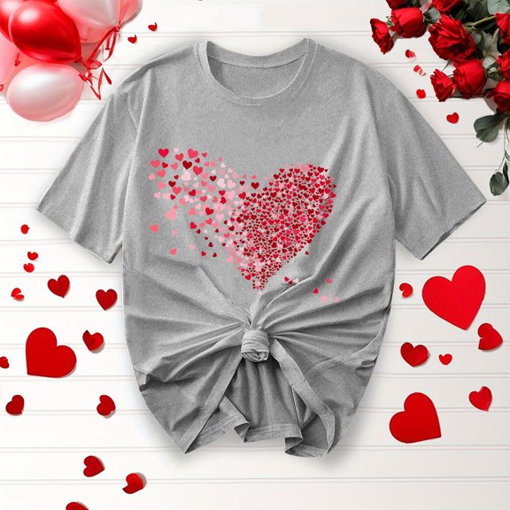 BLTIBY Womens Valentines Shirts Summer Short Sleeve Crewneck Love Heart Printed Tops Casual Fashion Pullover Blouse Gray XL
