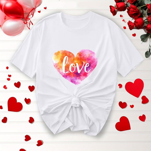 BLTIBY Womens Valentines Shirts Summer Short Sleeve Crewneck Love Heart Printed Tops Casual Fashion Pullover Blouse White 2 L