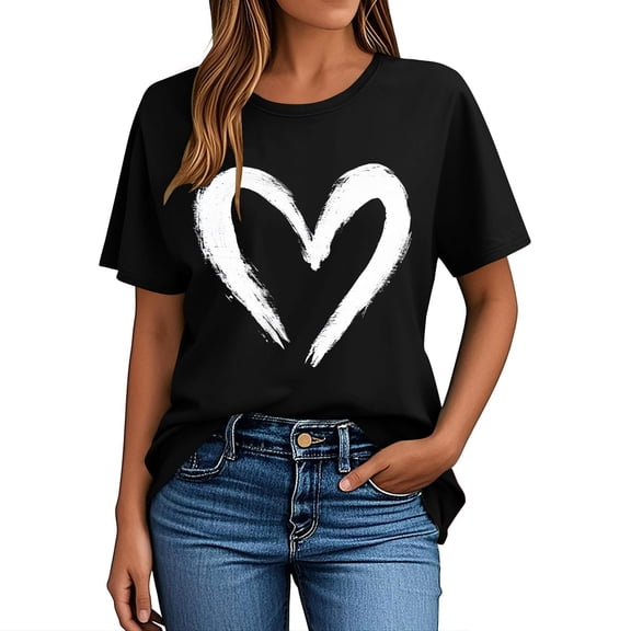 BLTIBY Womens Valentines Shirts Summer Short Sleeve Round Neck Love Heart Printed Top Casual Fashion Pullover Blouse Black 2 L