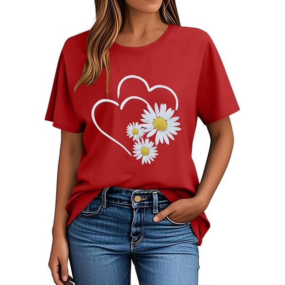 BLTIBY Womens Valentines Shirts Summer Short Sleeve Round Neck Love Heart Printed Top Casual Fashion Pullover Blouse Red S