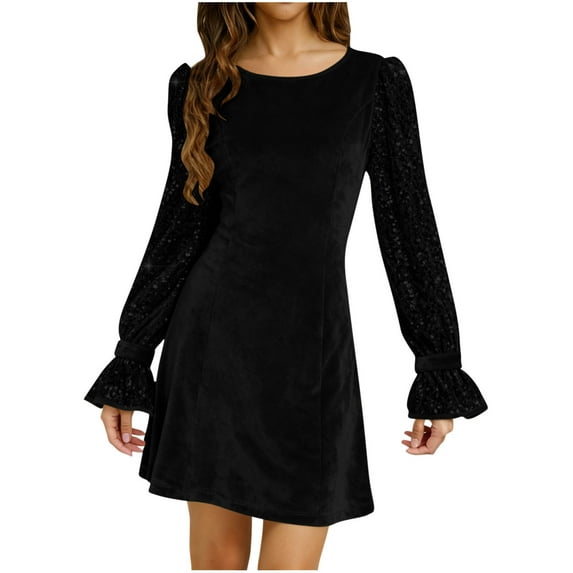 BLTIBY Womens Velvet Sequin Dress Long Sleeve Round Neck Wedding Guest Mini Dresses Formal Cocktail Prom Party Clothes Black XL