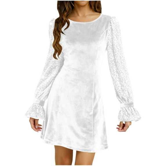 BLTIBY Womens Velvet Sequin Dress Long Sleeve Round Neck Wedding Guest Mini Dresses Formal Cocktail Prom Party Clothes White XXL