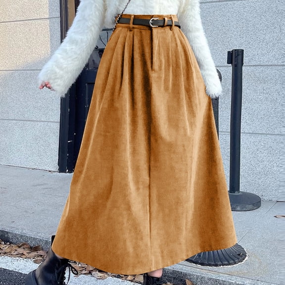 BLTIBY Womens Vintage Corduroy Midi Skirts High Waist Pleated A Line Skirt Winter Casual Skirts with Belt Khaki XL