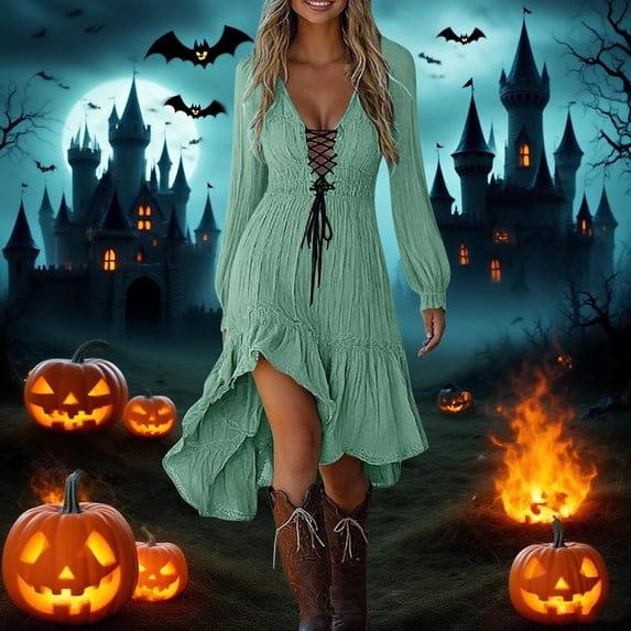 BLTIBY Womens Western Cowgirl Mini Dress Long Sleeve Deep V Neck Drawstring Vintage Gothic Dresses Ruffled Halloween Fashion Outfits Mint Green L