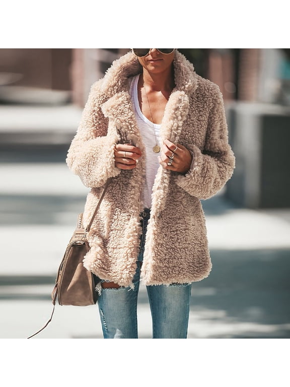 Womens Winter Fleece Jackets Fall Winter Solid Colour Zip Up Lightweight Casual Sherpa Coat Comfy Soft Warm Overcoats with Pockets Beige S