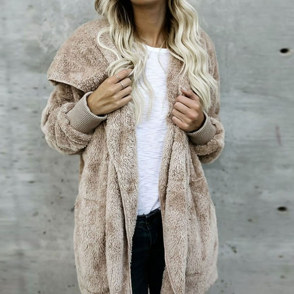 BLTIBY Womens Winter Fleece Jackets Hoodies Winter Fall Solid Colour Zip Up Lightweight Casual Sherpa Coat Comfy Soft Warm Overcoats with Pockets Khaki L
