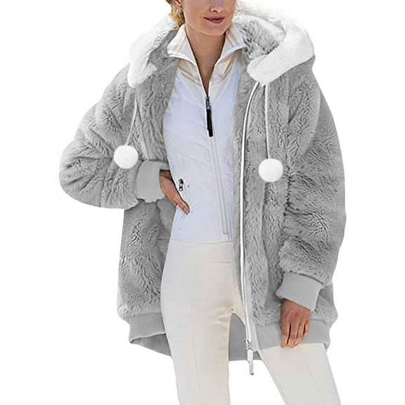 BLTIBY Womens Winter Fuzzy Jacket Hooded Fleece Cardigan Coats Cozy Warm Zip up Drawstring Oversized Outerwear Shaggy Clothes with Pockets Gray XL