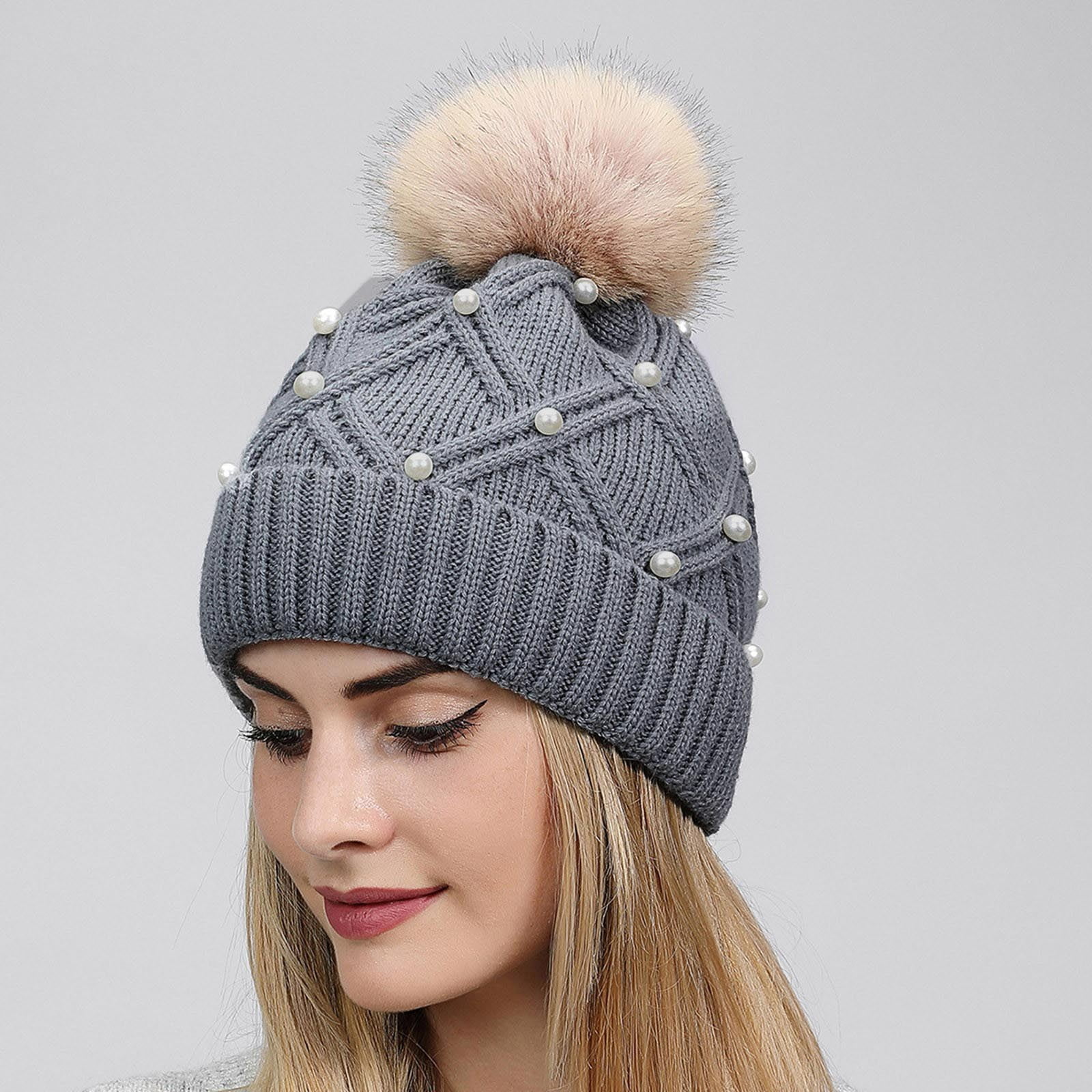 BLTIBY Womens Winter Pompom Beanie Hat Warm Pearl Beanie Hats Thick ...