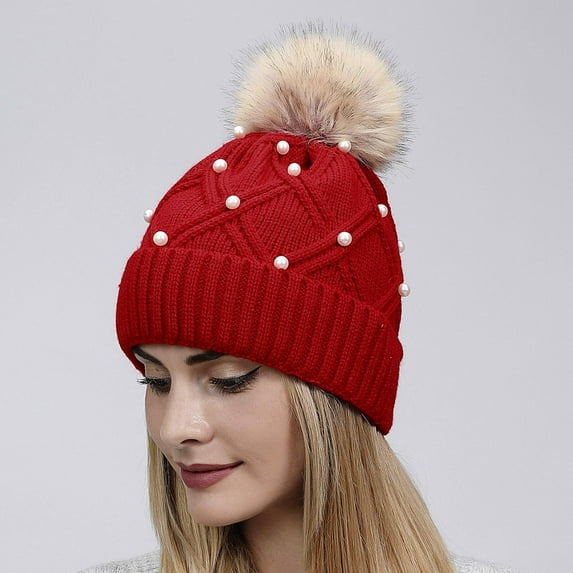 BLTIBY Womens Winter Pompom Beanie Hat Warm Pearl Beanie Hats Thick Slouchy Cable Knit Crossed Ski Snow Cap for Ladies Red Free Size