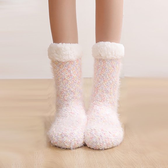 BLTIBY Womens Winter Thick Slipper Socks with Grippers Cute Non Slip Mid Calf Warm Fuzzy Sock for Christmas Gifts White Free Size