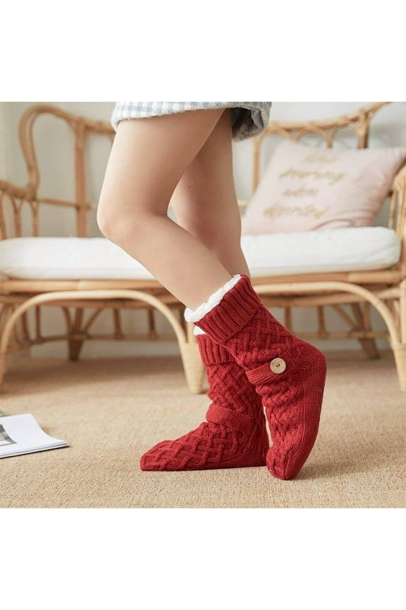 Womens Winter Thick Slipper Socks with Grippers Xmas Print Non Slip Mid Calf Warm Fuzzy Sock for Christmas Gifts Wine One Size