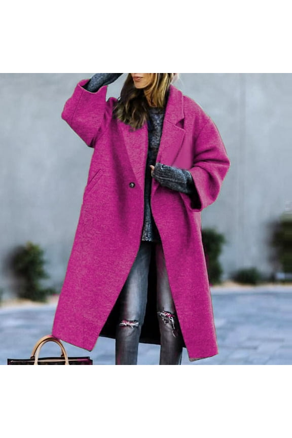 Womens Winter Wool Coats Winter Fall Solid Color Lapel Cardigan Warm Long Jackets Midi Long Sleeve Coat with Pockets 2024 Hot Pink 4XL