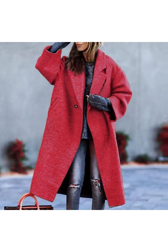 Womens Winter Wool Coats Winter Fall Solid Color Lapel Cardigan Warm Long Jackets Midi Long Sleeve Coat with Pockets 2024 Red 3XL