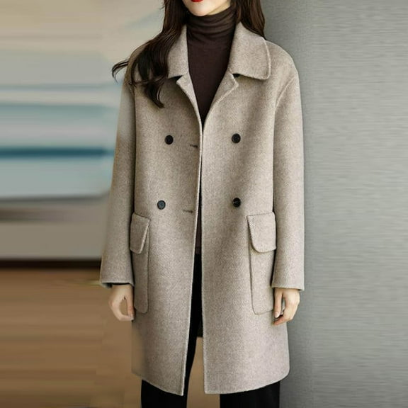 BLTIBY Womens Winter Wool Coats Winter Fall Solid Color Lapel Cardigan Warm Long Jackets Midi Long Sleeve Coats with Pockets 2024 Beige 3XL