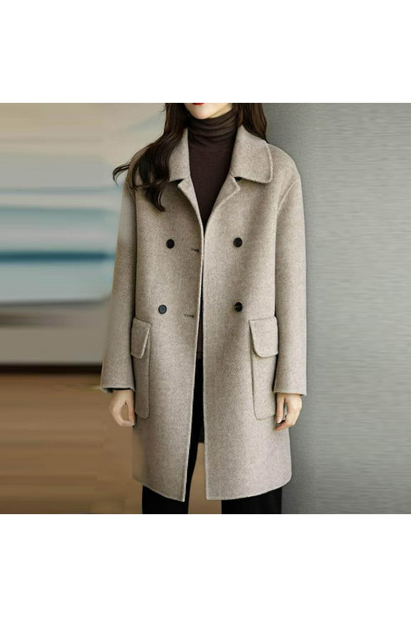 Womens Winter Wool Coats Winter Fall Solid Color Lapel Cardigan Warm Long Jackets Midi Long Sleeve Coats with Pockets 2024 Beige 3XL