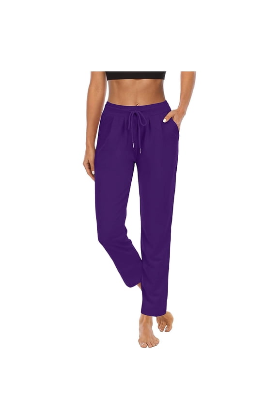 Womens Yoga Pants Casual Spring Summer Loose Casual High Elastic Waist Drawstring Solid Color Sports Yoga Long Pant Trousers with Pockets 2024 Purple L