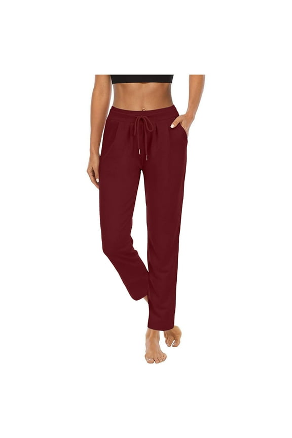 Womens Yoga Pants Casual Spring Summer Loose Casual High Elastic Waist Drawstring Solid Color Sports Yoga Long Pant Trousers with Pockets 2024 Wine M