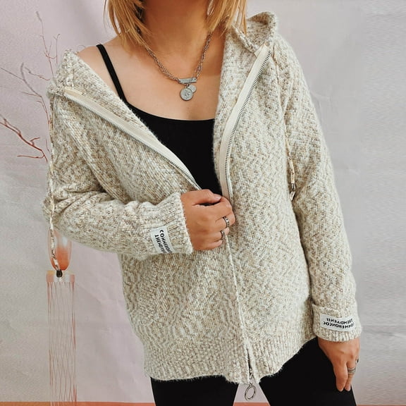 BLTIBY Womens Zip Hoodies Sweater Jacket Sweatshirts Fall Printed Drawstring Fashion Warm Outfit Sweaters Comfortable Winter Coat Clothes Khaki XL