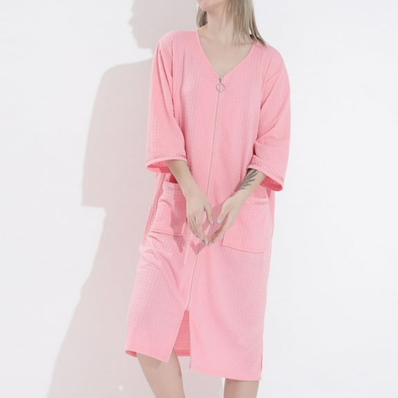 BLTIBY Womens Zipper Robes Solid Color 3/4 Sleeve Loungewear Dress Full Length Sleepwear with Pockets Nightgown Long Bathrobe Pink 3XL