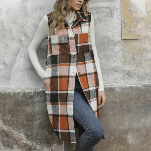 BLTIBY Wool Plaid Printed Vest for Women Fall Winter Long Sleeveless Blazer Trench Coat Button Down Lapel Casual Waistcoat Jackets Orange XXL