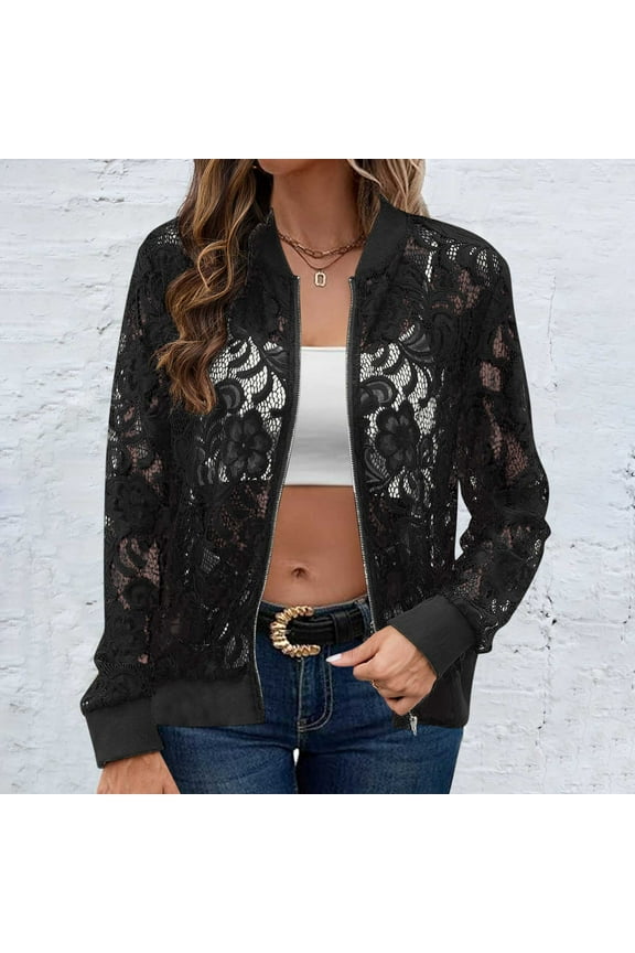 Zip Up Jackets for Women Lace Stand Collar Fall Lightweight Gothic Sheer Baseball Coat Casual Comfy Black L