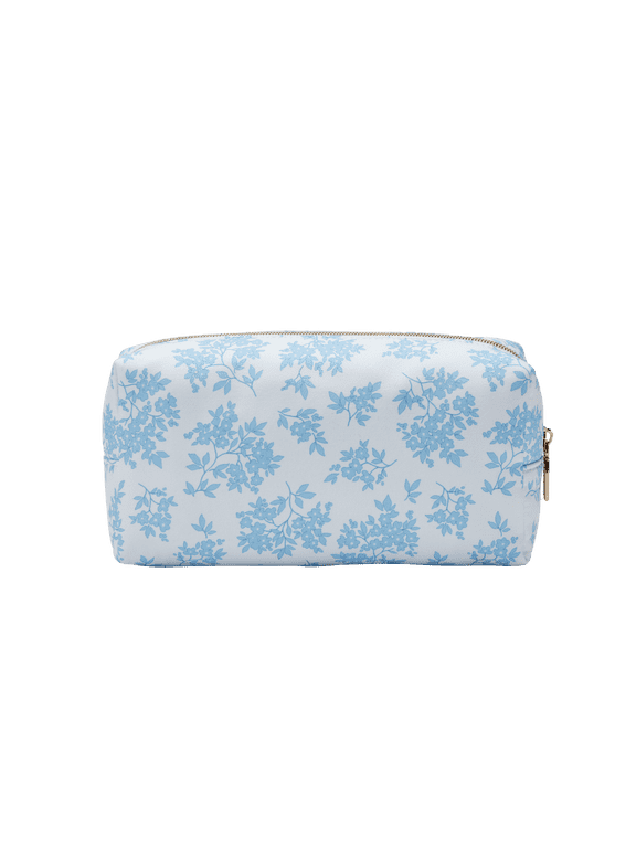 Blue Floral Loaf Organizer, Travel-Ready Beauty Bag with Gold-Tone Hardware