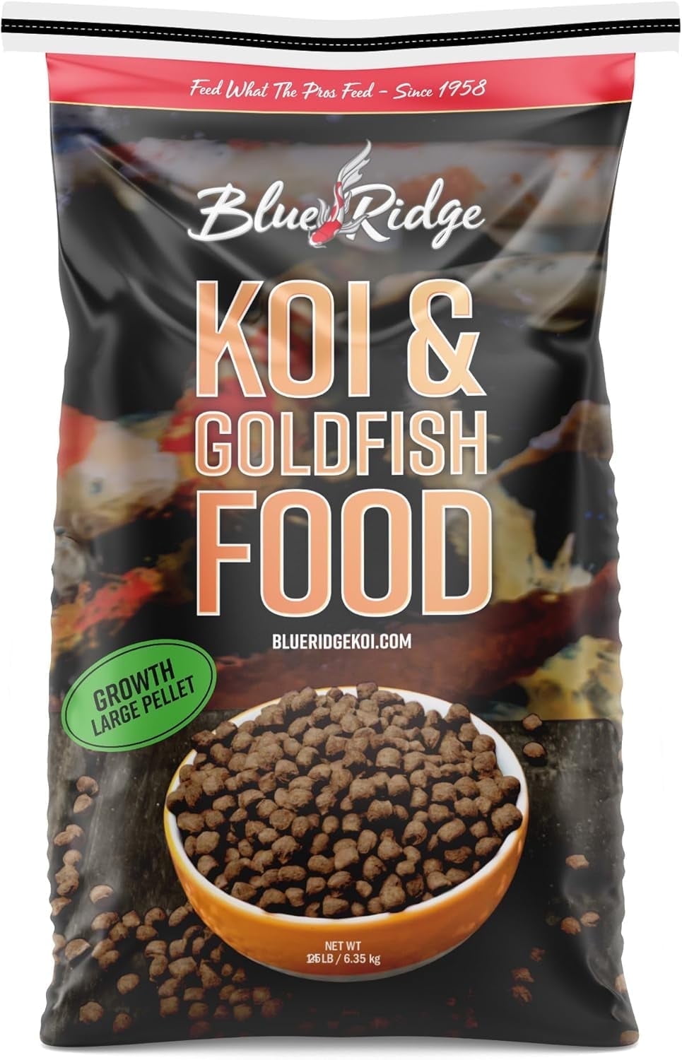 Blue Ridge Koi Fish Food 25lb - Koi Food Large 3/16" Growth Formula, Goldfish Food, Premium Fish Food for Ponds, Ponds Fish Food, Floating Pond Pellets