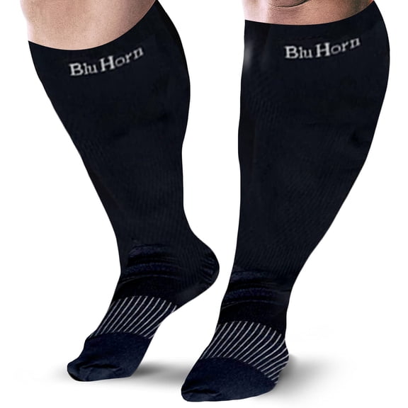 BLU HORN Knee High Compression Socks 15-20 mmHg - Everyday Use Improves Blood Circulation, Relieves Pain & Swelling (6X-Large, Black (1-Pair))