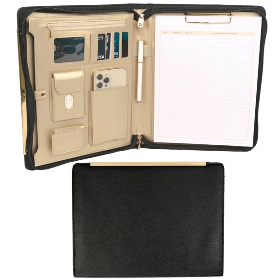 BLU MONACO Black Vegan Leather Portfolio Binder For Women - Professional Padfolio Work Organizer with Gold Trim, Zippered Business Case for Documents