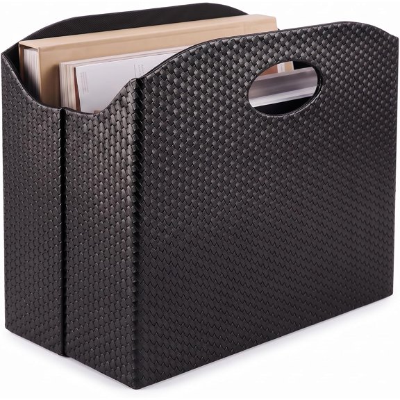 BLU MONACO | Black Woven Leather Magazine Holder with Handles | Stylish Magazine Rack for Floor or Table | Decorative Basket for Living Room, Office, or Reception