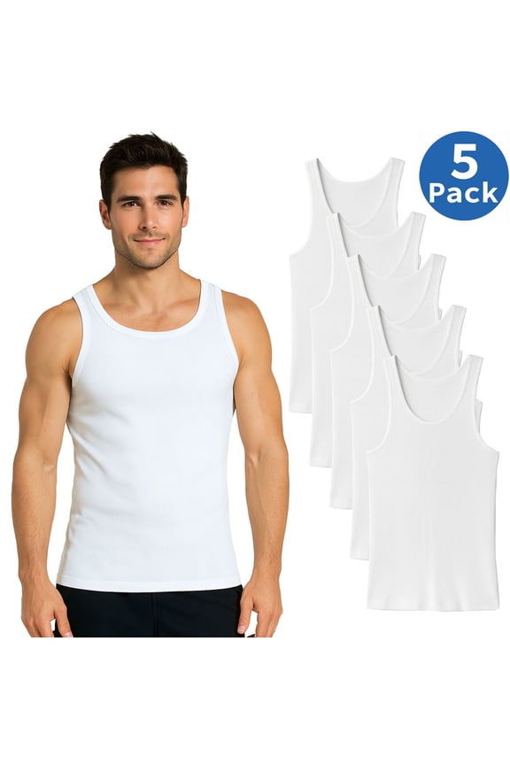 MEN'S RIBBED CLASSIC TANK TOPS  5 PACK - SIZE: LARGE - WHITE