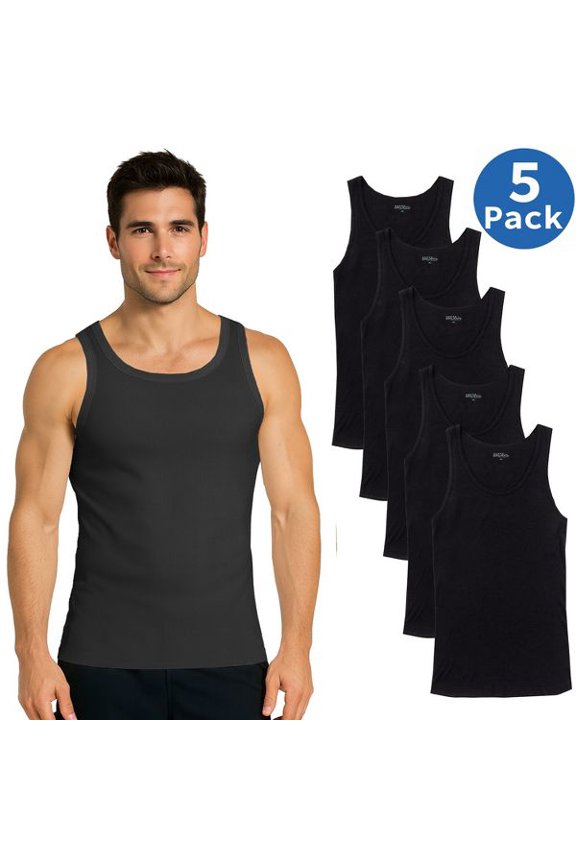 MEN'S RIBBED CLASSIC TANK TOPS 5 PACK, SIZE MEDIUM - BLACK