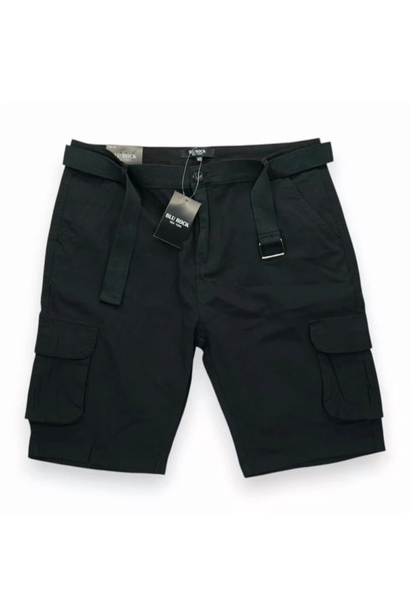 NEW YORK MENS FLEX STRETCH BELTED CARGO SHORTS - SIZE: MEN 32 - BLACK