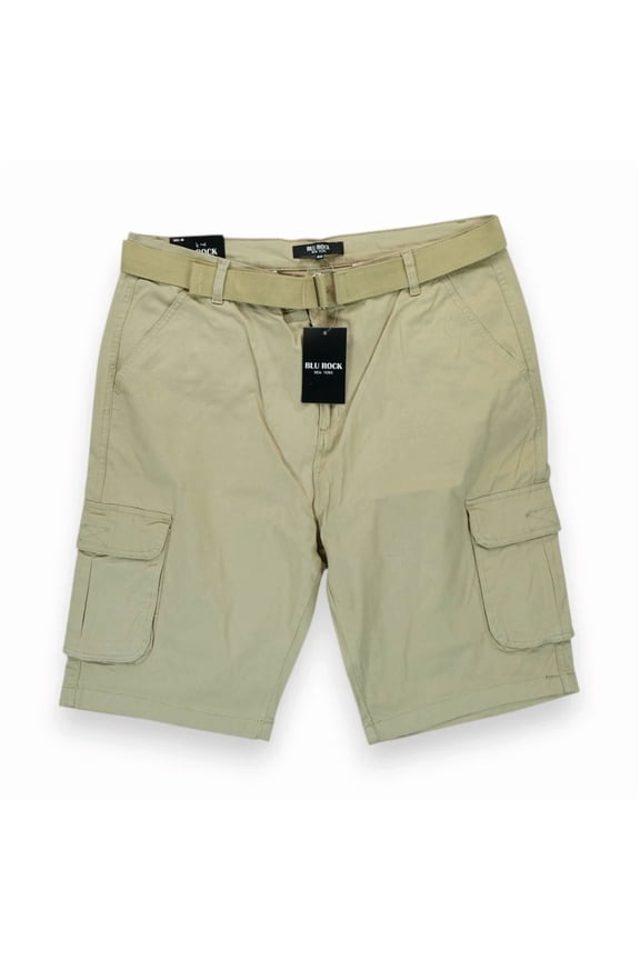 NEW YORK MENS FLEX STRETCH BELTED CARGO SHORTS - SIZE: MEN 32 - KHAKI