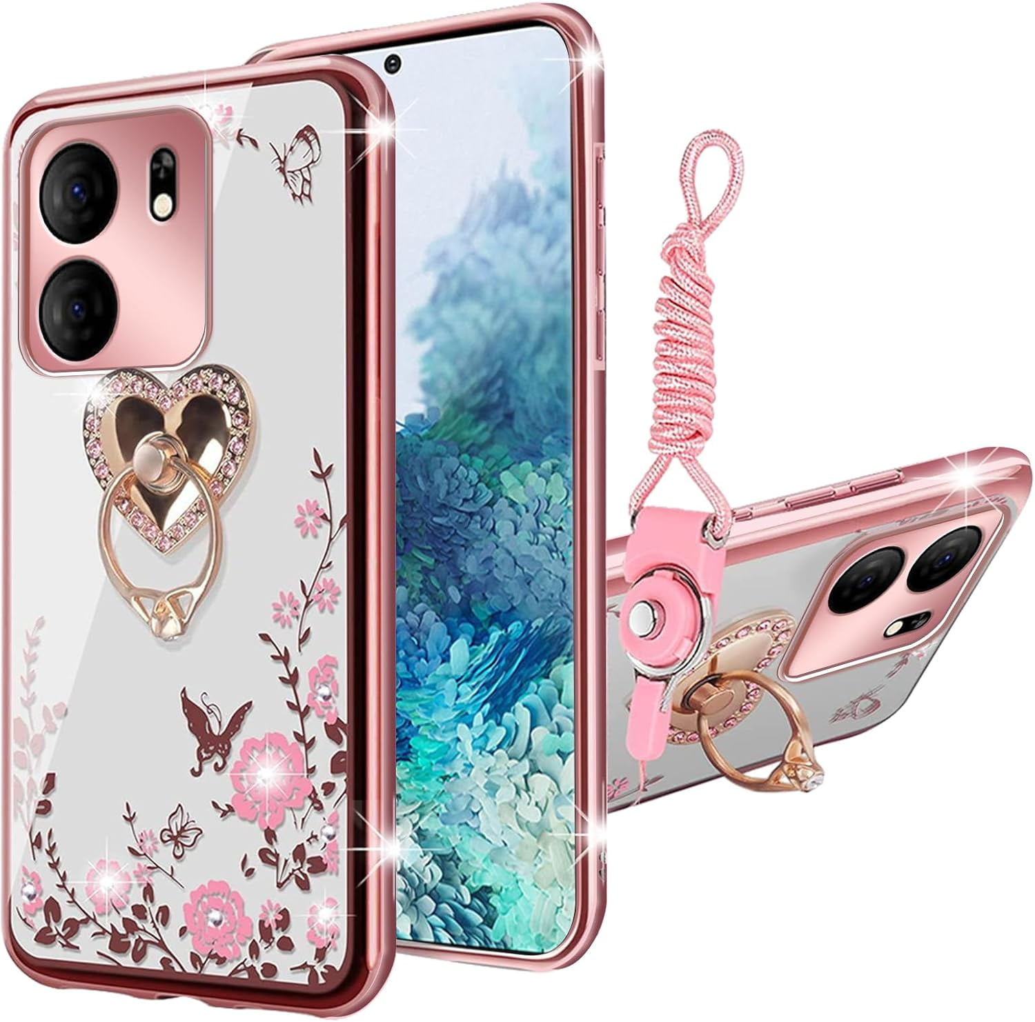 for BLU View 5 / B170D Case, nancheng Phone Case Luxury Cute Glitter Soft TPU Cover for Girls Women with Kickstand Lanyard Shockproof Protective - Rose Butterfly