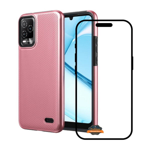For BLU View 5 Pro 2024 Phone Case with Screen Protector Dual Layer Slim & Tough Hybrid Armor Heavy Duty Rubber TPU Matte Textured Rugged Cover [Rose Gold]