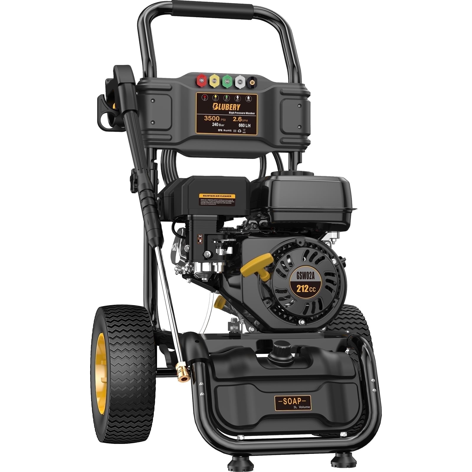 BLUBERY Gas Pressure Washer, 3500 PSI Pressure Washer2.6 GPM Heavy Duty Power Washer, 30 ft Pressure Hose\u0026Soap Tank,4-Stroke OHV 212cc Engine,Portable Industrial Style,Black