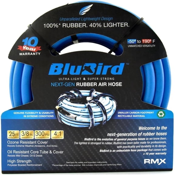 BLUBIRD BB3825 3/8" x 25' Rubber Air Hose, 100% Rubber, Lightest, Strongest, Most Flexible, 300 PSI, 50F to 190F Degrees, Ozone Resistant, High Strength Polyester Braided