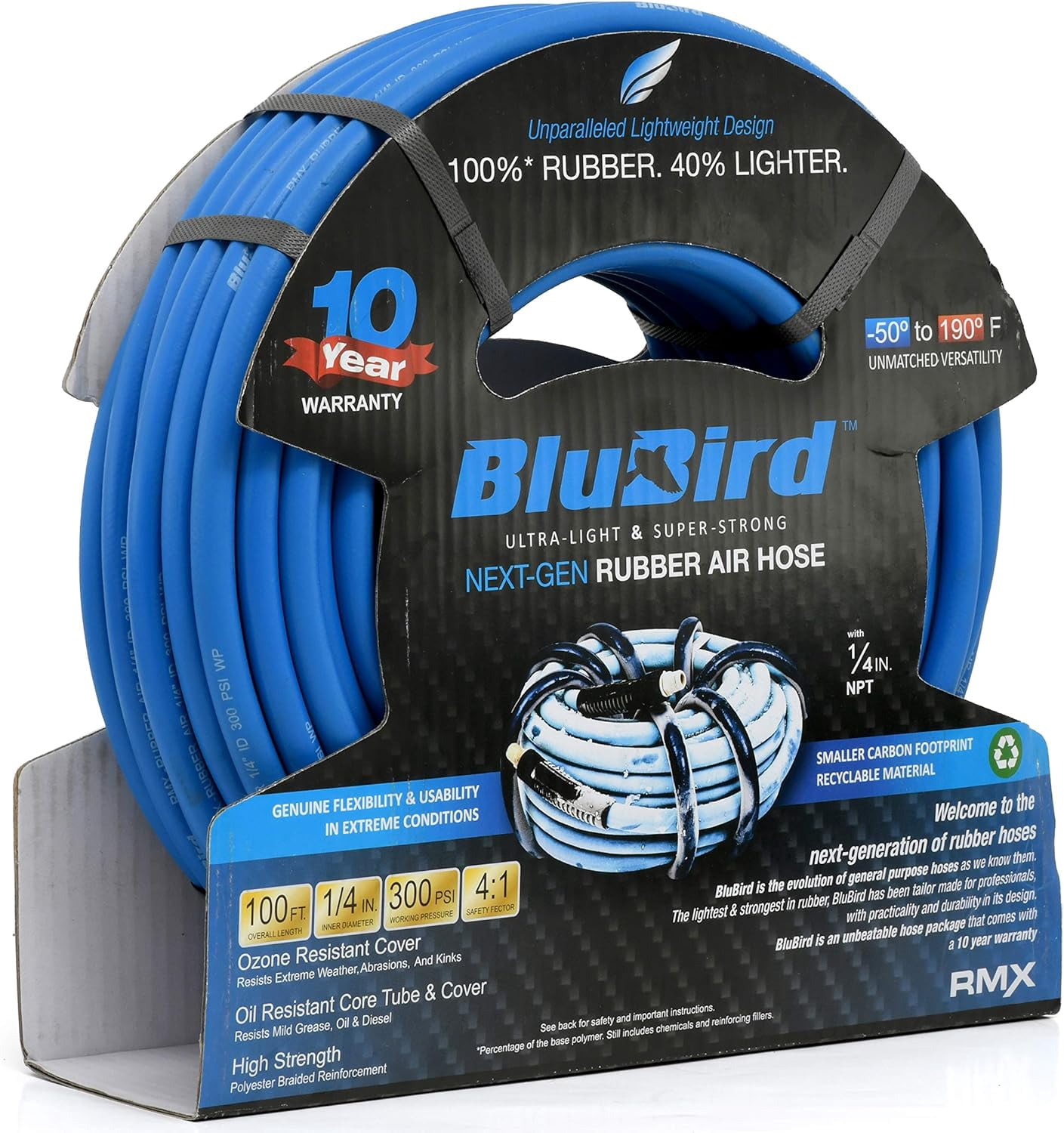 BLUBIRD Lightest, Strongest, Most Flexible Rubber Air Hose (1/4" x 100') - BB14100