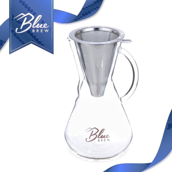 BLUE BREW 15oz Pour Over Coffee Brewer - Coffee Maker Carafe (440ml) w/ Permanent Filter, Paperless, BB1011