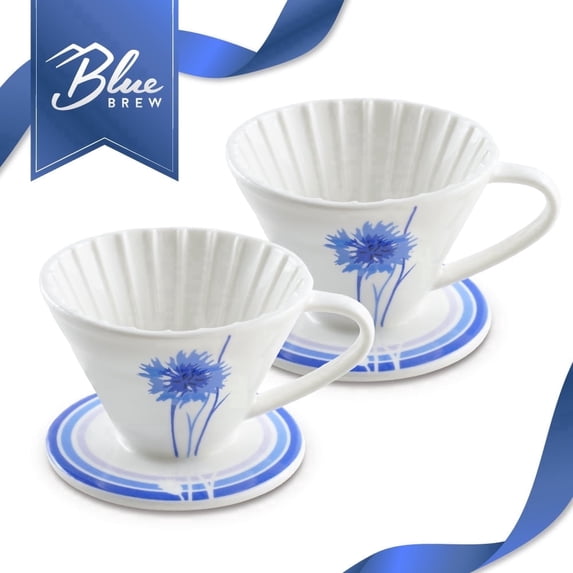 BLUE BREW 2PK (1-2 Cups) Ceramic Pour Over Coffee Dripper, Blue Cornflower - Artisan Series (BB1001-P2)