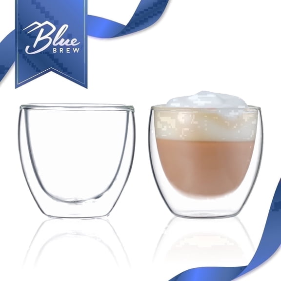 BLUE BREW 2PK 2.5oz Double Walled Insulated Glass Coffee Mug (75ml), Glass Cups, Drinking Glasses, Drinkware glass set, Clear Glass (BB1018)
