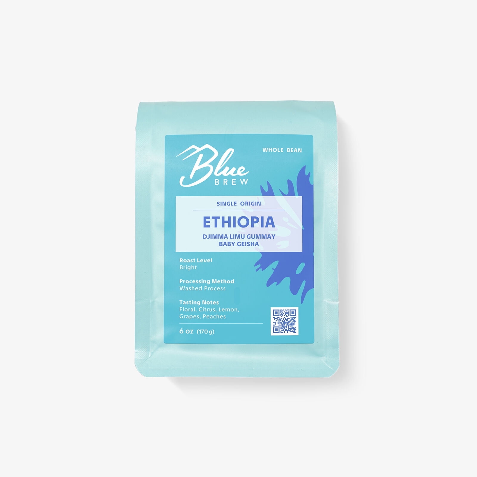 BLUE BREW 6oz Ethiopia Baby Geisha Whole Bean Coffee – Djimma Limu Gummay | Washed Process | Bright Roast | Floral & Citrus Notes of Lemon, Grape & Peach | Premium Single Origin