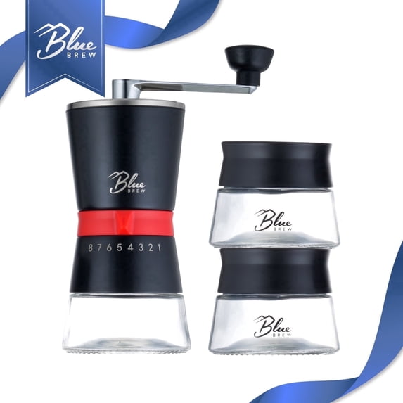 BLUE BREW Coffee Grinder with Conical Ceramic Burrs, Manual, with 2 Airtight Glass Jars, Adjustable Grinding Size Stainless Steel Hand Coffee Mill/Espresso Bean Grinder, BB1007