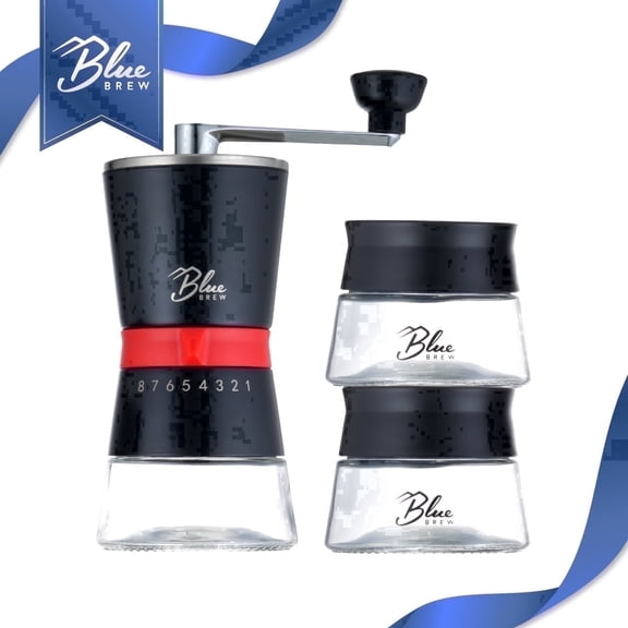 BLUE BREW Coffee Grinder with Conical Ceramic Burrs, Manual, with 2 Airtight Glass Jars, Adjustable Grinding Size Stainless Steel Hand Coffee Mill/Espresso Bean Grinder (BB1007)