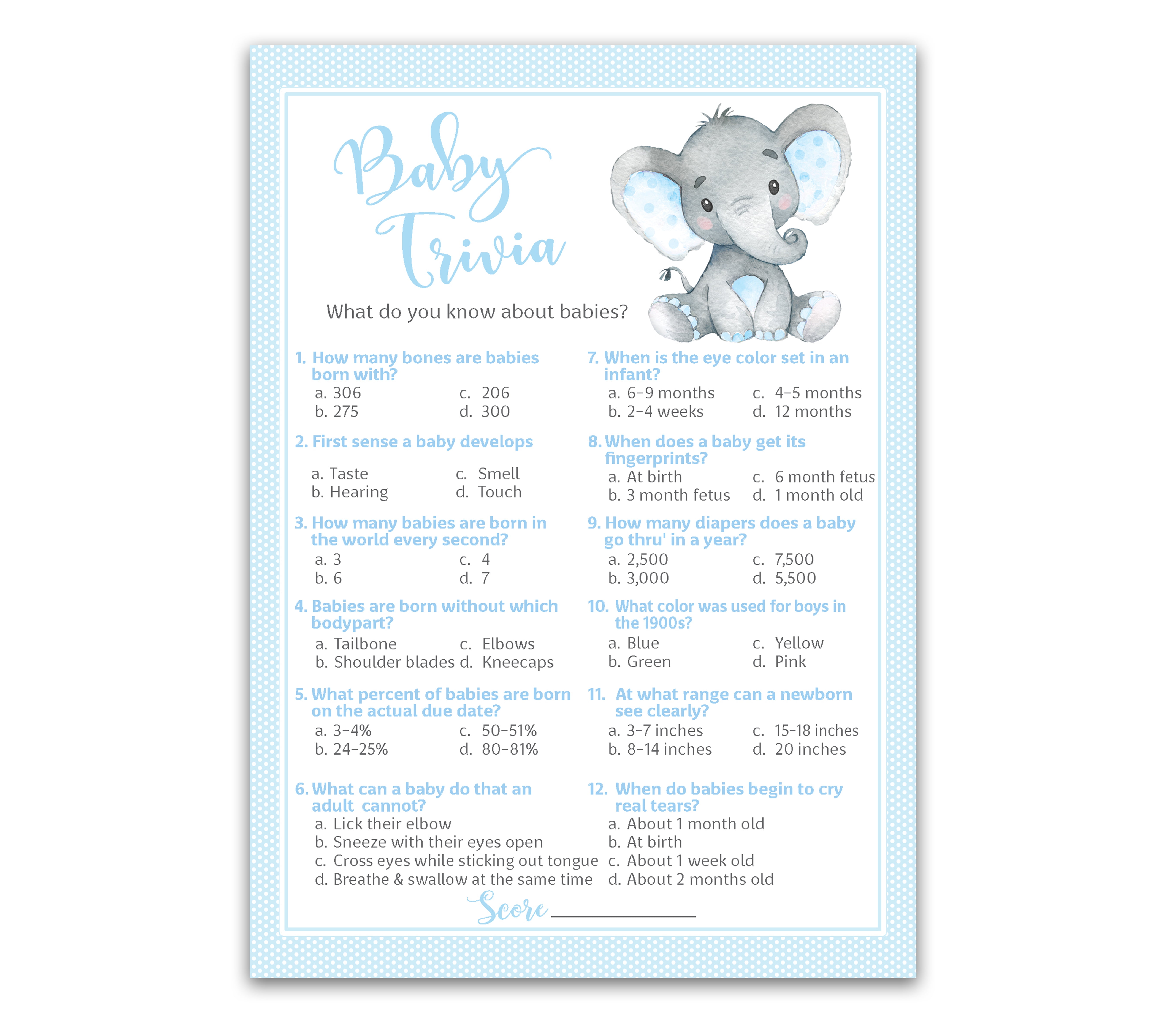 BLUE ELEPHANT Baby Shower Game  BABY TRIVIA Games  Pack of 25  BOY Baby Shower Games, Fun Baby Facts Games, Baby Boy Shower Activity, Blue Polka Dot Baby Elephant Baby Shower Games G501-TRV