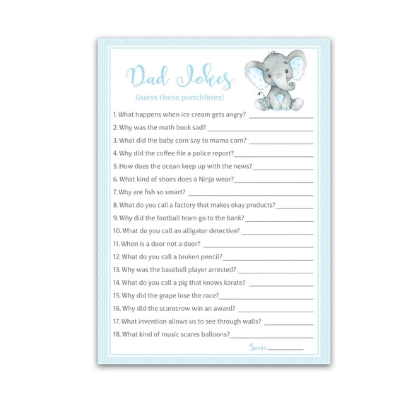 BLUE ELEPHANT Baby Shower Game DAD JOKES Baby Shower Games Pack of 25 Fun Dad Joke Game, Funny Daddy Joke Trivia, BOY Baby Sprinkle, Sip See, Birthday, Baby Elephant Shower Activity G501-DJK