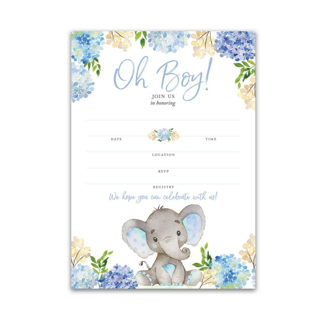 Blue Elephant Baby Shower Invitations, Pack of 25, Baby Boy Fillin