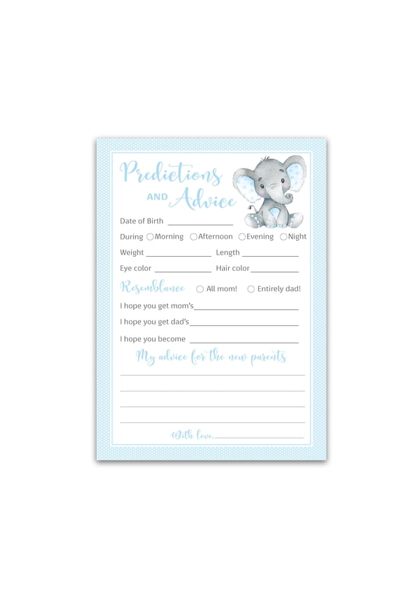 BLUE ELEPHANT Prediction and Advice Cards - Pack of 25 - BOY Baby Shower Games, New Parents, Mom & Dad to be, Mommy & Daddy Message, Couples Coed Shower Activity Keepsake Book BLUE G501-PDAV