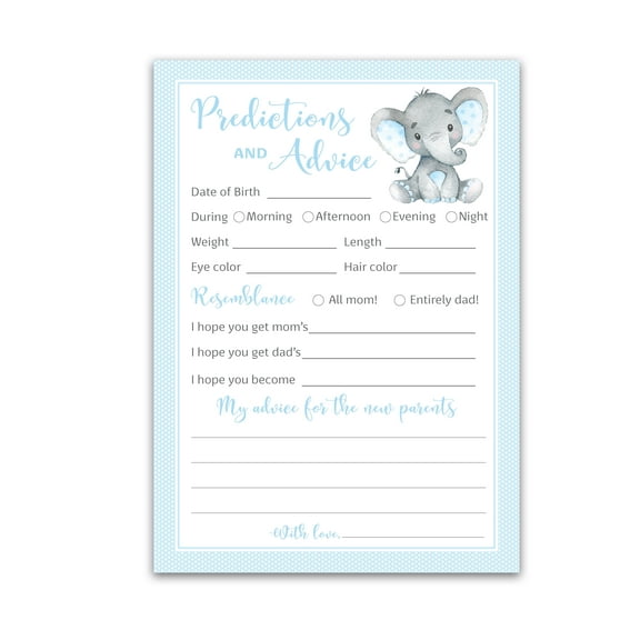 BLUE ELEPHANT Prediction and Advice Cards - Pack of 25 - BOY Baby Shower Games, New Parents, Mom & Dad to be, Mommy & Daddy Message, Couples Coed Shower Activity Keepsake Book BLUE G501-PDAV